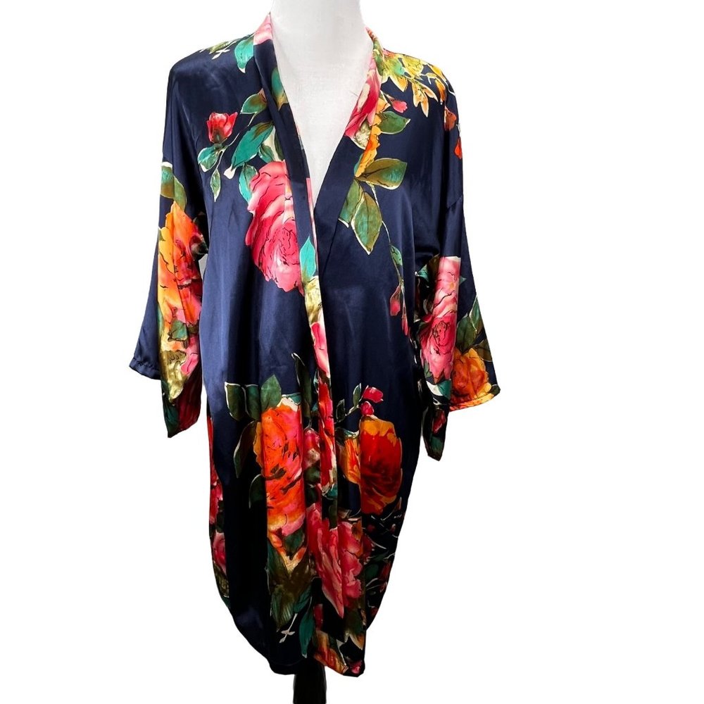 Blue Floral Silky Kimono Robe size L/XL Pink Coral Roses Missing Belt